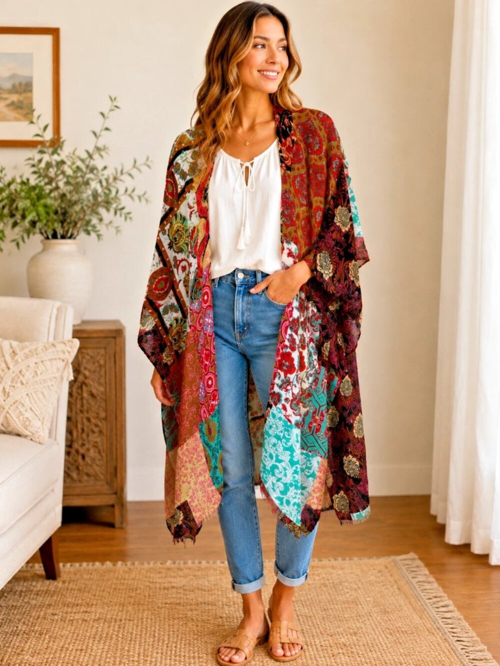 Unbranded Boho Patchwork Kimono Scarf Wrap Ruana Burgundy Teal One Size